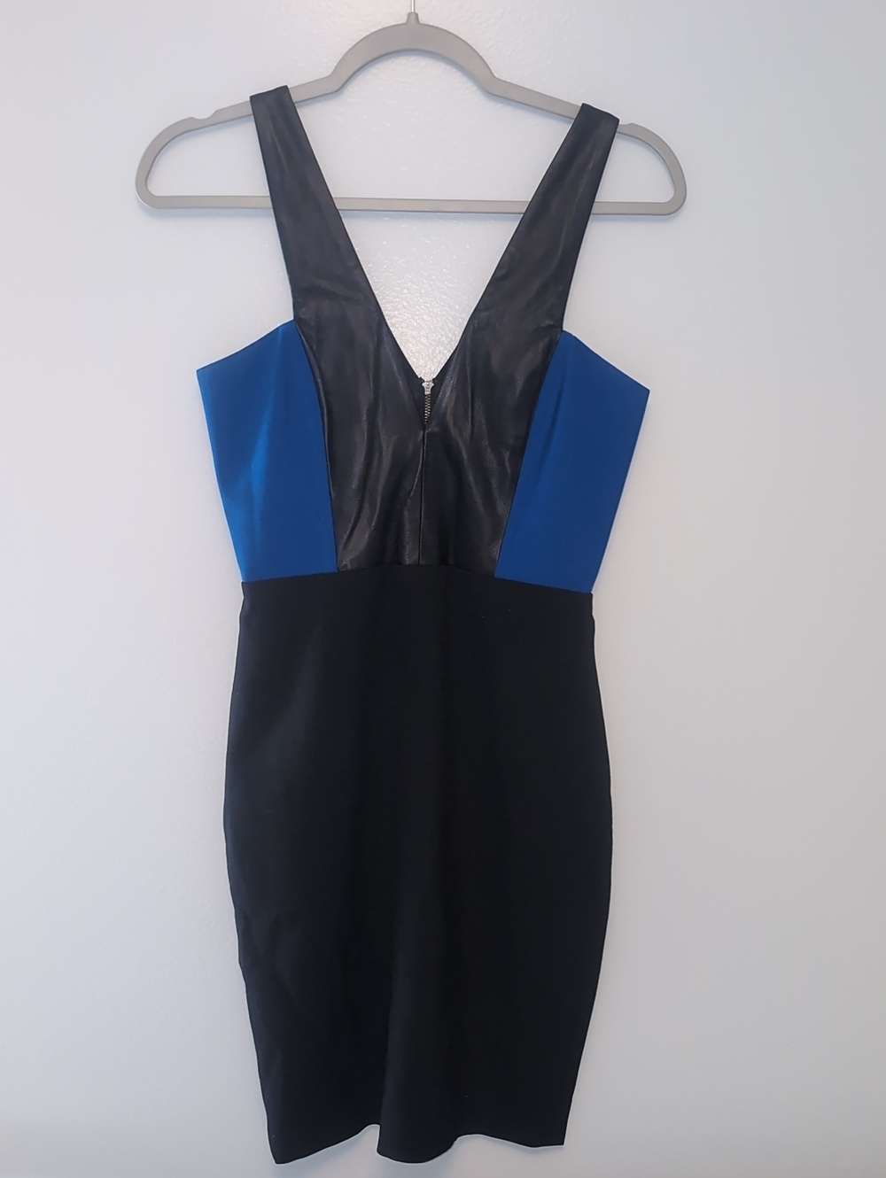 Mason Black and Royal Blue Leather V-Neck  Mini Dress